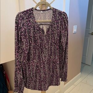Source Unknown Purple Floral V-Neck Long Sleeve Blouse